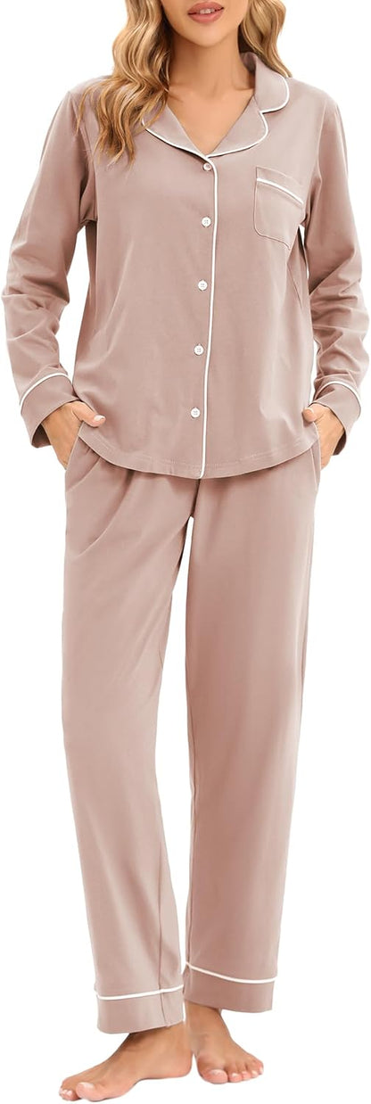 LUBOT 100% Cotton Pajamas for Women Pajama Set Soft 2 Piece Sleepwear PJ Set Long Sleeve Button Knit Cozy Loungewear XS-XXL