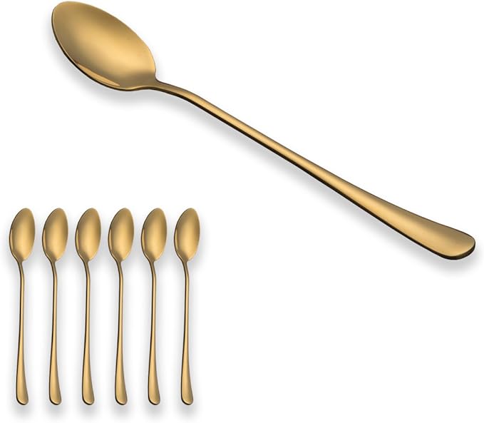 Berglander Stainless Steel Titanium Gold Plated Long Handle Mixing and Stirring Spoons - Pack of 6