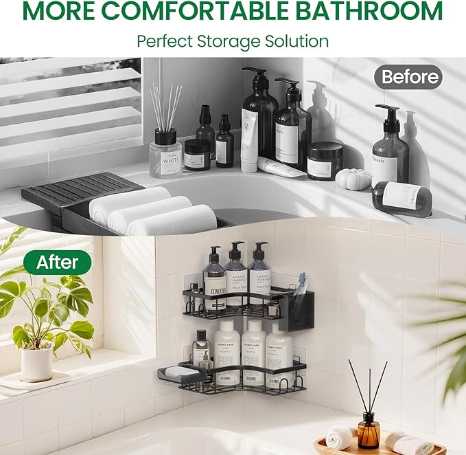 Adhesive Shower Caddy, 2 Pack Corner Bath Organizer, Rustproof Stainless Steel Shower Shelves with Large Capacity, No Drilling Shelves for Bathroom Storage, Home, Kitchen Decor