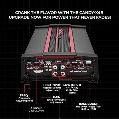DS18 CANDY-X4B Car Amplifier 4-Channel Class D, 1600W Peak Power RMS, 4 x 120W at 4 Ohm, 4 x 200W at 2 Ohm, and 2 x 350W at 4 Ohm Bridge - Compact Size, fits into Any Vehicle