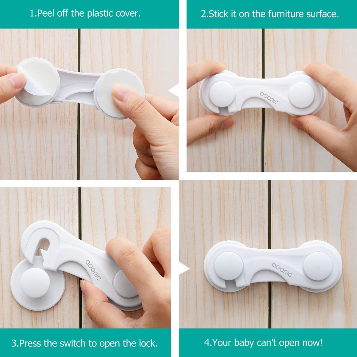 Cabinet Locks - Adoric Life Child Safety Locks 4 Pack - Baby Safety Cabinet Locks - Baby Proofing Cabinet Kitchen System with Strong Adhesive Tape (4pcs)