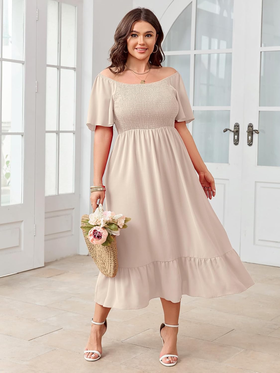 SCOMCHIC Women's Plus Size Summer Dress Casual Short Sleeve Scoop Neck Maxi Dress Smocked Ruffle Boho Flowy Long Dresses.