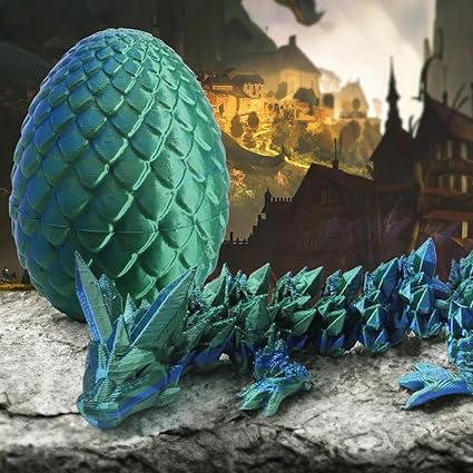 3D Printed Dragon in Egg, Full Articulated Dragon Crystal Dragon with Dragon Egg, Home Office Decor Executive Desk Toys, Adults Fidget Toys for AutismADHD (Laser Green, 12")