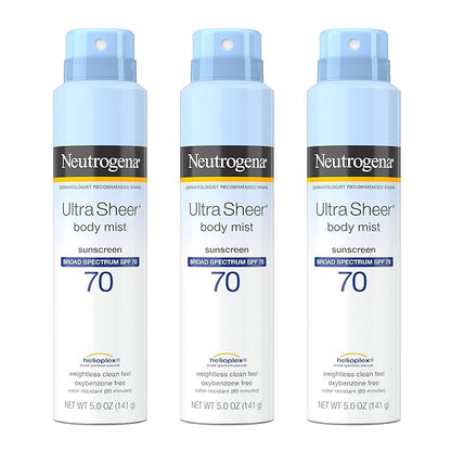 Neutrogena Sunscreen Spray, Ultra Sheer Body Mist, Broad Spectrum SPF 70, Non-Greasy Water Resistant Body Sunscreen Mist, Non-Comedogenic, 5 oz, 3 Pack