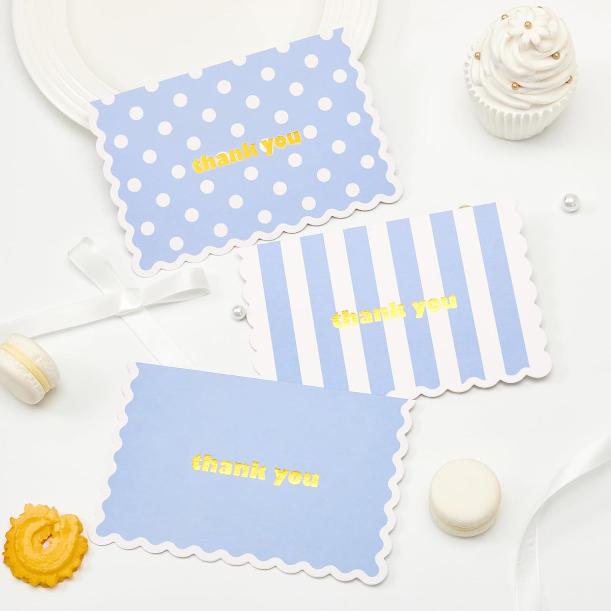 Crisky 4x6 3 Assortment Gold Foil Wavy Blue Thank You Cards with Envelopes (50 Pack) for Birthday, Baby Shower, Bridal Shower, Wedding, Graduation