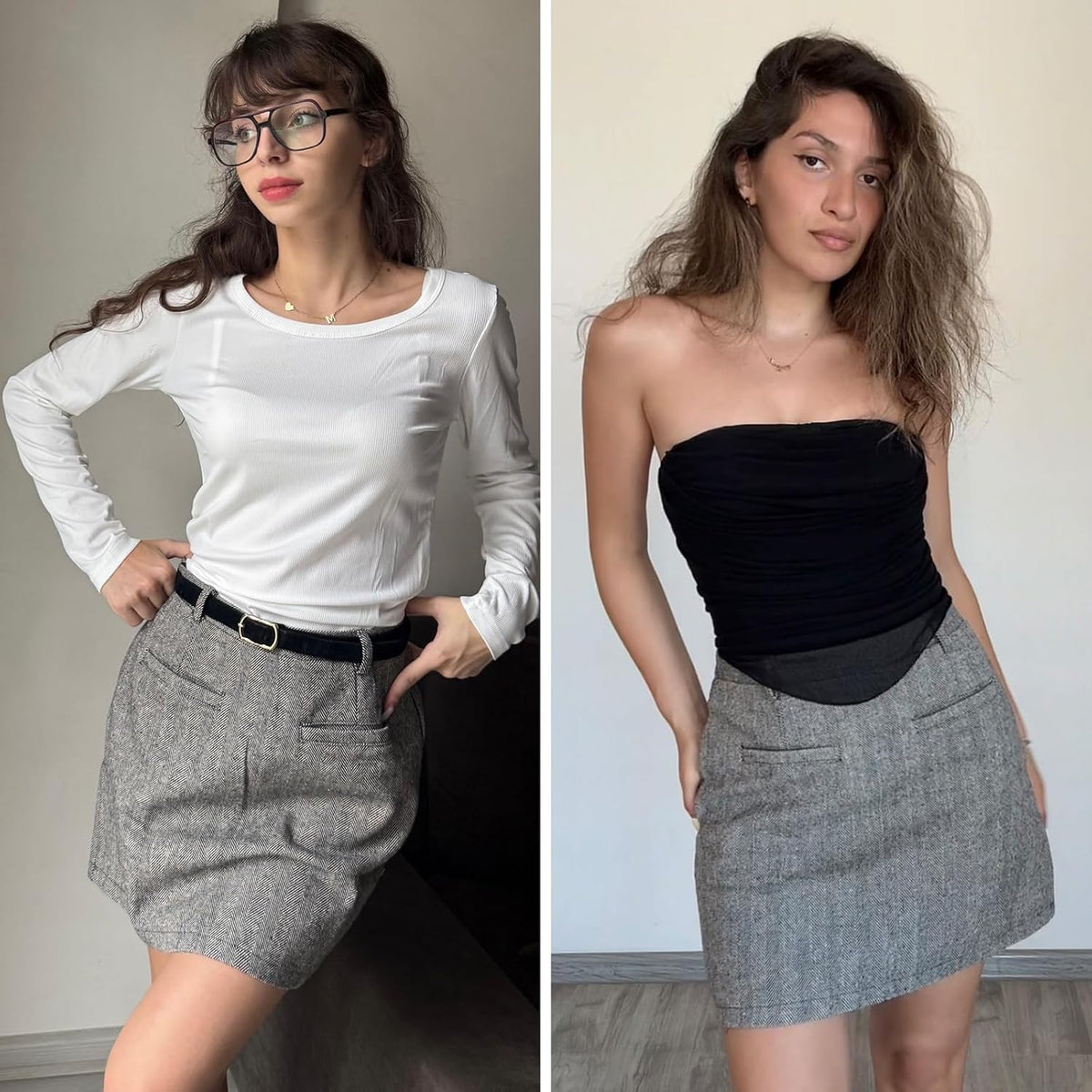 EXLURA Womens Tweed Bodycon Mini Skirt High Waist Side Zipper Fall Trendy Pencil Short Skirts Business Casual Outfits Pockets