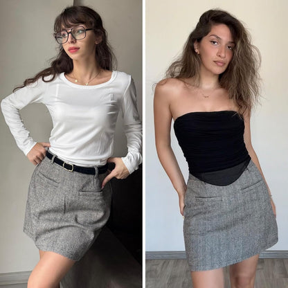 EXLURA Womens Tweed Bodycon Mini Skirt High Waist Side Zipper Fall Trendy Pencil Short Skirts Business Casual Outfits Pockets