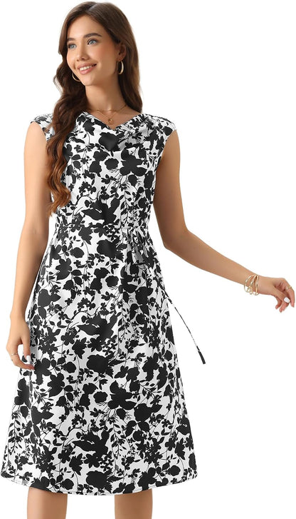 Allegra K Elegant Floral Dress for Women's Vintage Cowl Neck Cap Sleeve Cocktail Tie Waist Shift Midi Dress