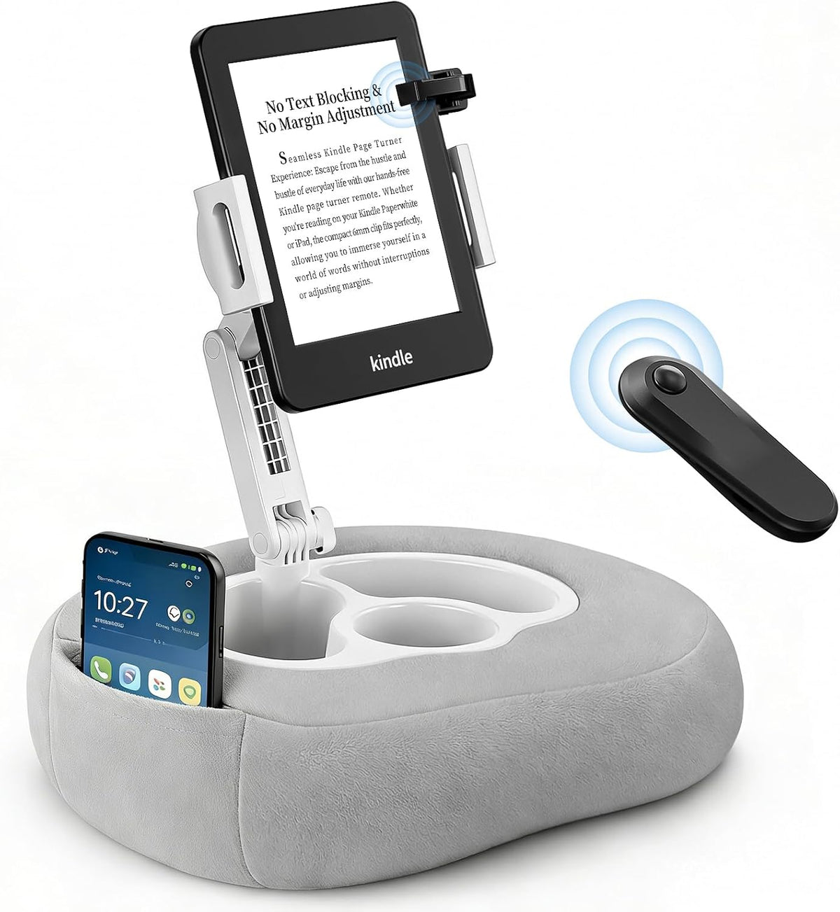 Gray Pillow Stand - Adjustable Kindle Holder for Bed,Sofa, 2-in-1 for Kindle/Tablet, Soft Plush for Reading in Bed (Does Not Include Controller)