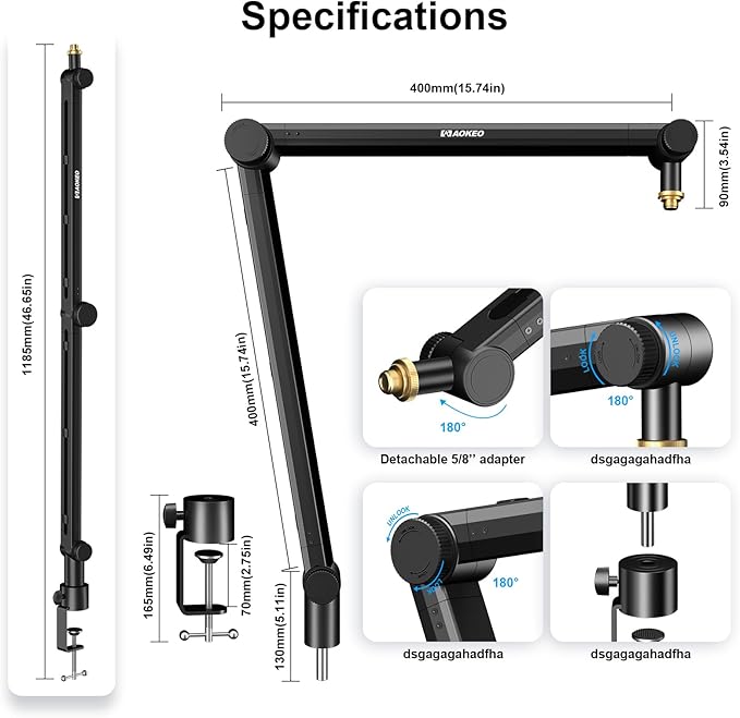 Aokeo Mic Arm, Boom Arm Microphone Stand Desk with Mount Clamp Cable Management Channels Detachable Riser 5/8" Thread Adapter for Blue Yeti Snowball Hyper X QuadCast SoloCast AT2020 Shure SM7B MV7