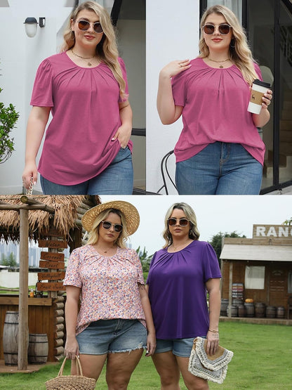 VISLILY Womens-Plus-Size-Summer-Tops Flowy Pleated T Shirts Crew Neck Short Sleeve Blouses Casual Loose Tunics Tee XL-5XL.