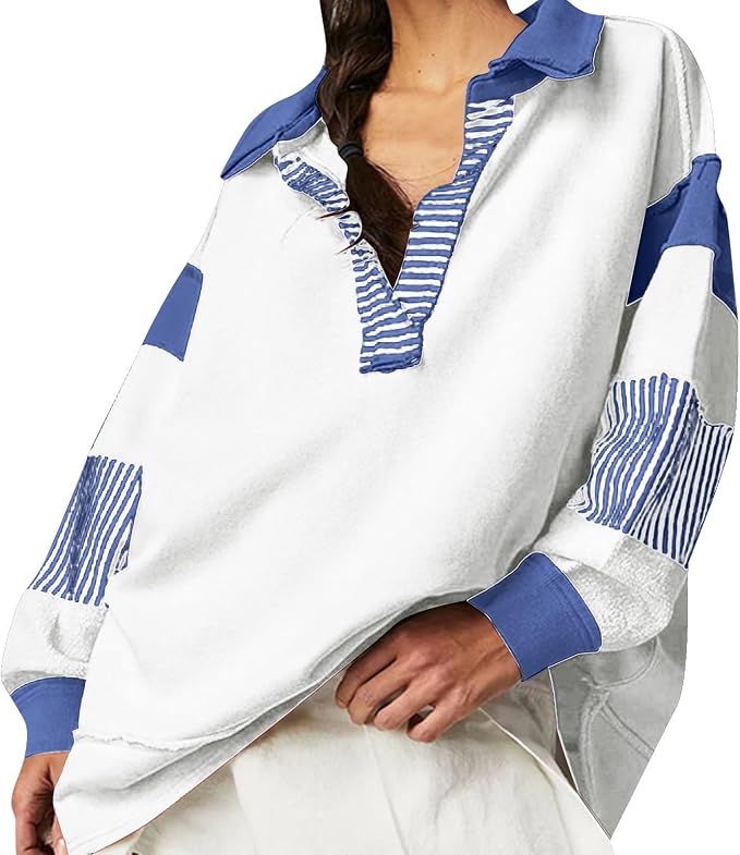 Womens Oversized Patchwork Striped Sweatshirts V Neck Loose Colorblock Long Sleeve Pullover Casual Polo Shirts