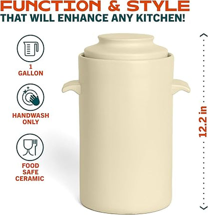 HomeBuddy Ivory Fermentation Crock (1 Gallon) with Weights, Acacia Wood Pounder and Recipie Book - Sauerkraut Fermentation Kit, Onggi Kimchi Jar, Fermenting Crock for Pickling or Sourdough
