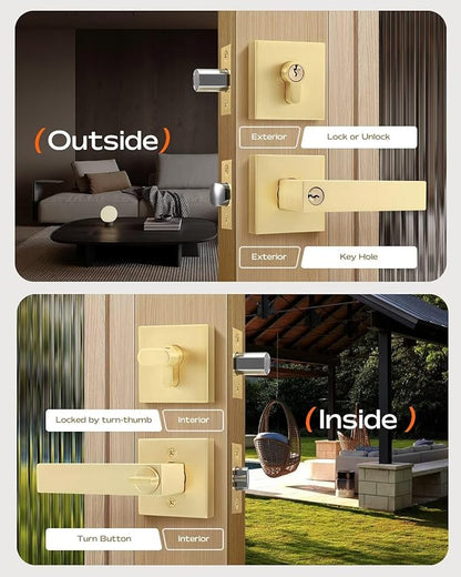 Leydebong 1 Pack Gold Entry Door Locksets with Single Cylinder Deadbolt, Front Door Lock Set, Heavy Duty Entrance Lever Door Handle Single Keyed Square Deadbolt Lock