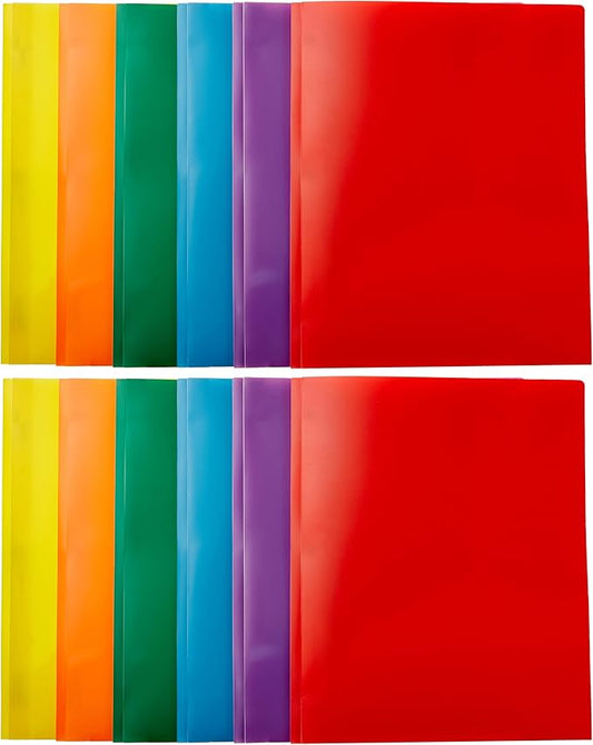 Basics Heavy Duty Colorful Plastic Folders with 2 Pockets for Letter Size Paper, Pack of 12, Assorted Colors