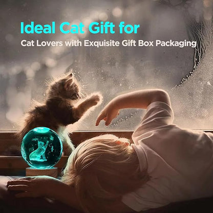 Crystal Ball Night Light Cat Lamp, 3.15 Inch Cat Figurines with 16 Color Wooden LED Base, Birthday
