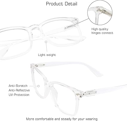 VisionGlobal Blue Light Blocking Glasses for WomenMen, Stylish Square Frame, Anti Glare (Clear, 1.50 Magnification)