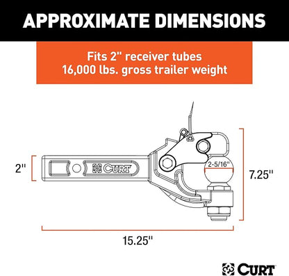 CURT 48006 Pintle Hitch with 2-516-Inch Trailer Ball, Fits 2-Inch Receiver, 16,000 lbs, 15-14-Inch Length
