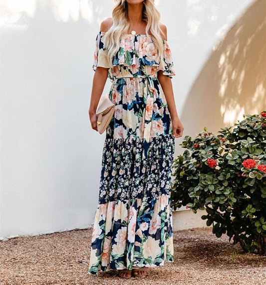 Womens Off Shoulder Boho Floral Maxi Dress 2025 Belted Cinched Waist A-line Dresses Summer Vacation Beach Outfits for Women