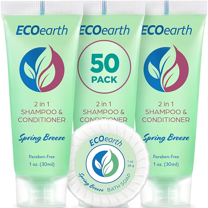 EcoEarth Round Soap Bars, 2in1 Shampoo  Conditioner 2-Piece Set (Spring Breeze, 1 oz each, 100 pc), Delight Your Guests with Revitalizing  Refreshing Hotel Toiletries  Hotel Amenities