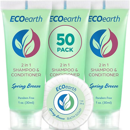 EcoEarth Round Soap Bars, 2in1 Shampoo  Conditioner 2-Piece Set (Spring Breeze, 1 oz each, 100 pc), Delight Your Guests with Revitalizing  Refreshing Hotel Toiletries  Hotel Amenities