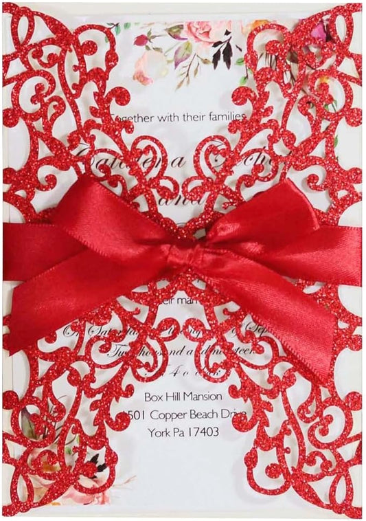 25PCS Wedding Invitation,Silver invitations,Silver Powder Floral Laser Cut with Blank Inner Sheet, Envelopes and Ribbons for Party Wedding Engagement Bridal Bridal Shower Invite (Red)