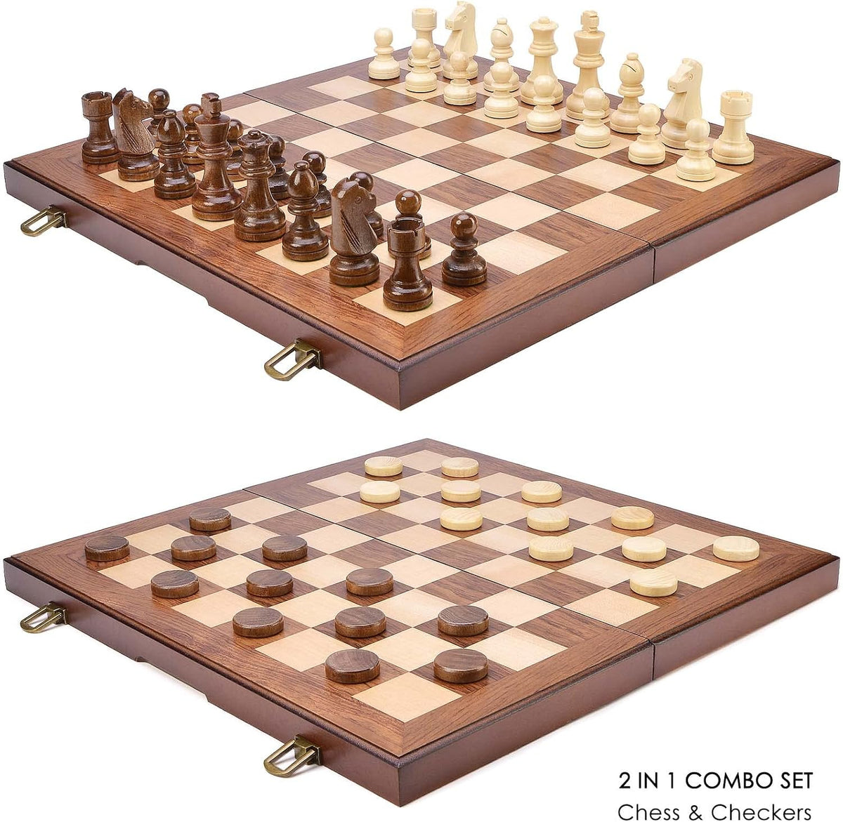 AMEROUS Wooden Chess & Checkers Set with Upgraded Weighted Chess Pieces, 15 Inches (2 in 1) Chess Board Games for Kids, Adults w/ 2 Extra Queens / 24 Cherkers Pieces/Gift Package