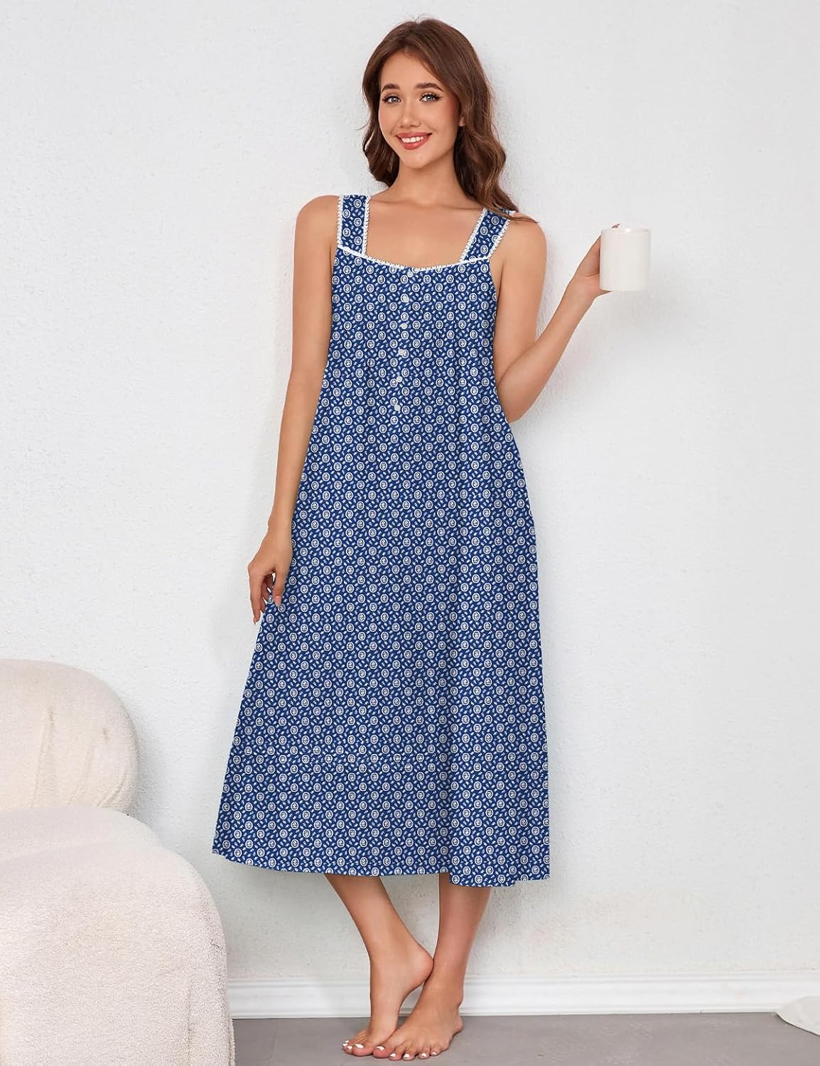 MZROCR Women's 100% Cotton Nightgown Sleeveless Night Gown with Square Neck & Buttons, A-Line Woven Night Dress for Women