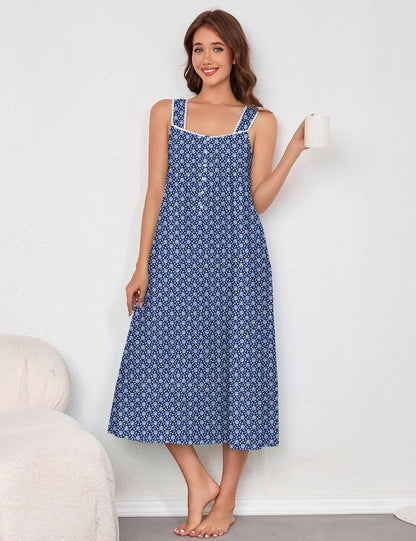 MZROCR Women's 100% Cotton Nightgown Sleeveless Night Gown with Square Neck & Buttons, A-Line Woven Night Dress for Women
