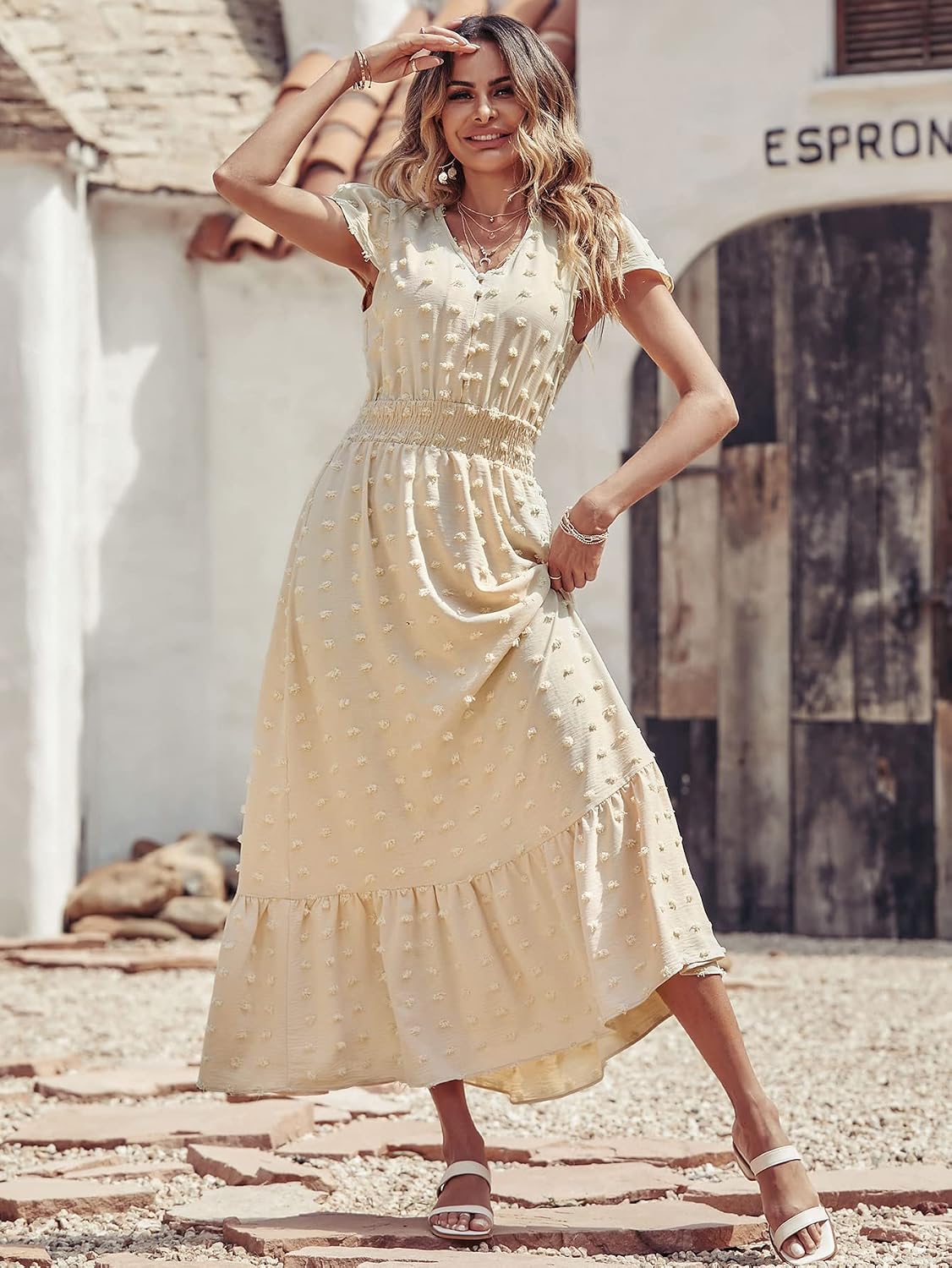 PRETTYGARDEN Womens Dresses 2025 Summer Maxi Dress Boho Short Sleeve V Neck Swiss Dot Ruffle Tiered Smocked Flowy Long Dress