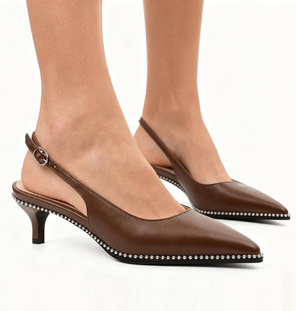 AUMOTED Women's Slingback Kitten Heels Pointed Toe Stiletto Low Heel Ankle-Strap with Beaded Pumps Dress Shoes 1.6 Inches