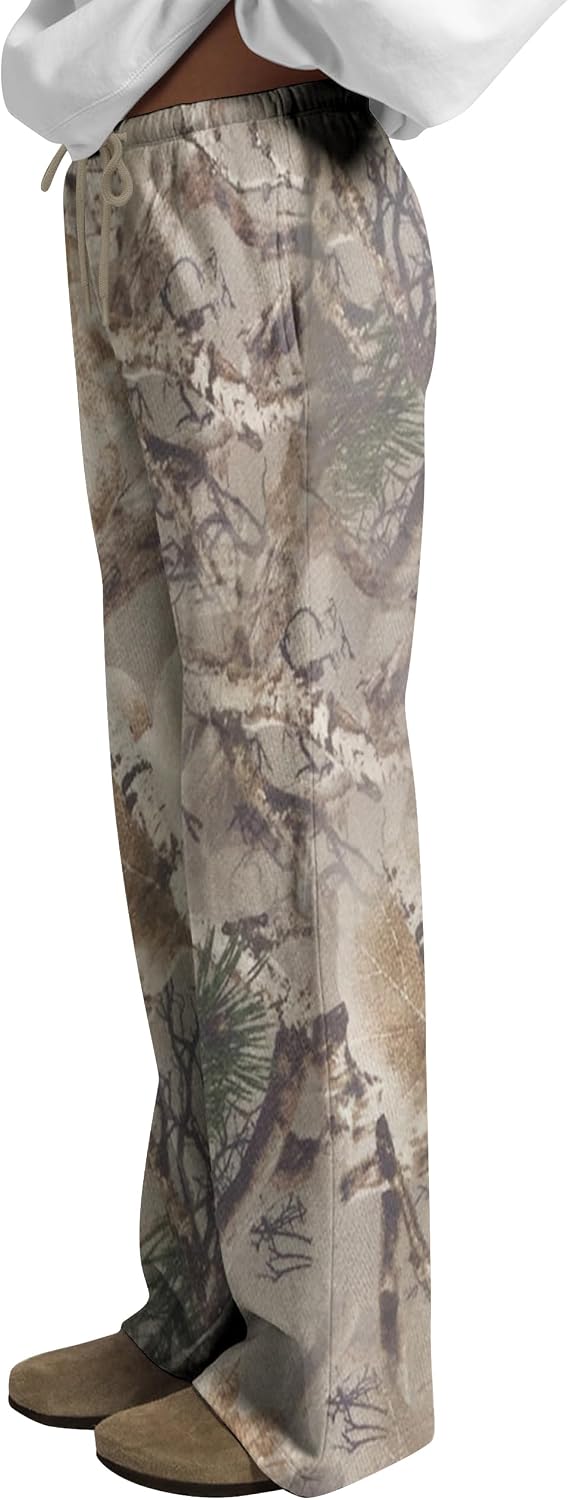 HOCANDY Women Wide Leg Camo Sweatpants Drawstring High Waisted Camouflage Sweat Pants Baggy Fleece Camo Pants with Pockets