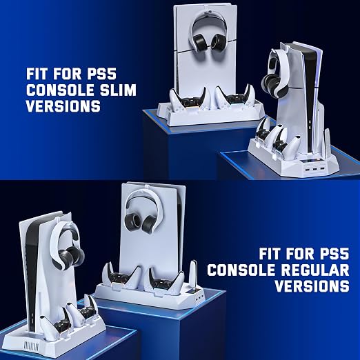 PS5 Slim Cooling Station with Controller Charging Station for PlayStation 5 Console Slim&Standard Disc/Digital, PS5 Cooling Stand Accessories with Cooler Fan/3 USB Hubs/Media&Headset Holder/Screw