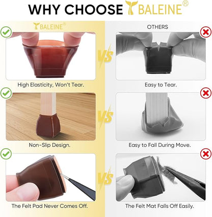BALEINE 16 Pack Silicone Chair Leg Floor Protectors, Stool Leg Protectors Cap, Non-Slip Chair Leg Caps for Hardwood Floors (Brown  Large (Square), 16 Pack)
