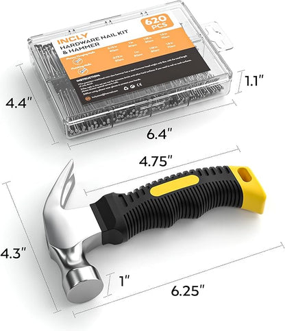 INCLY 620 PCS Small Nails for Hanging Pictures Assortment Kit with 8oz Claw Small Hammer, Mini Hammer Set with Hardware Nails Assorted Set 310 Wall Nails  310 Finish Nails for Installing with Case