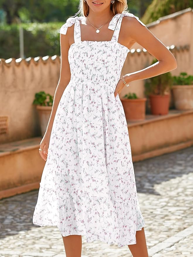 Imily Bela Womens Summer Dress Tie Strap Boho Floral Square Neck Smocked Ruffle A Line Beach Maxi Dresses