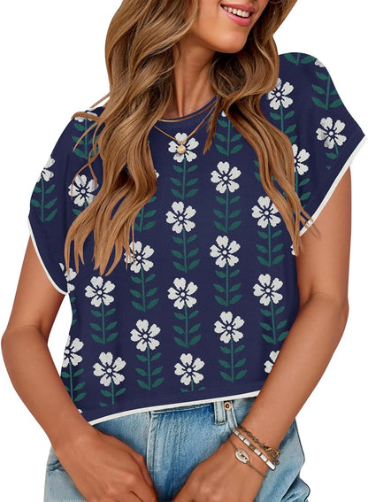 ZESICA Women's Summer Floral Short Sleeve Sweater Vest 2026 Crewneck Loose Knit Tank Tops Going Out Trendy Clothes