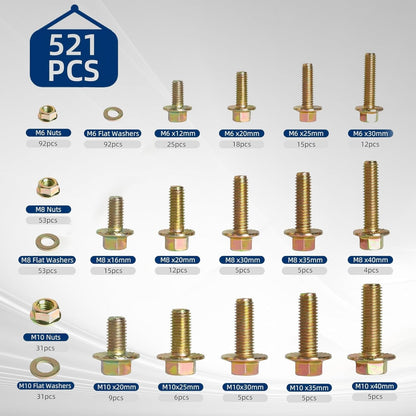 521PCS Nuts and Bolts Assortment Kit - Heavy Duty Grade 8.8 Metric M6 M8 M10 Bolt Set ( Specification are all correct but different brand from the picture )