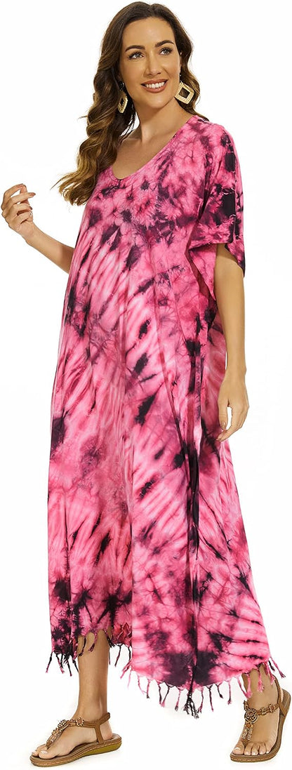 Beautybatik Women Hippie Tie Dye Caftan Kaftan Loungewear Maxi Plus Size Long Dress XL to 4X