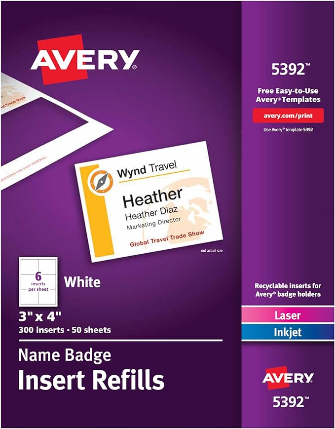 Avery® Customizable Name Badge Inserts for Name Tag Holders, 3" x 4", White, Laser/Inkjet Printable, 300 Total (5392)