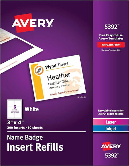 Avery® Customizable Name Badge Inserts for Name Tag Holders, 3" x 4", White, Laser/Inkjet Printable, 300 Total (5392)