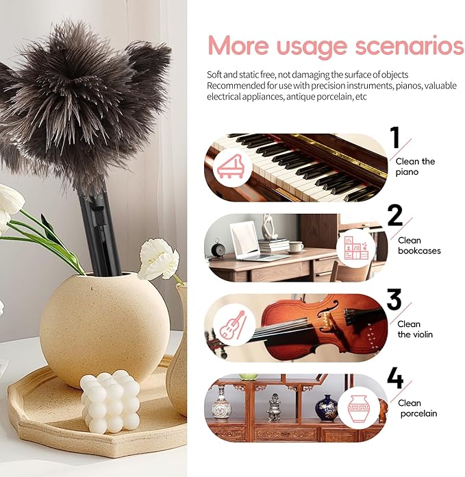 Retractable Feather Duster-Genuine Ostrich Feathers,Anti-Static,Reusable Eco-Friendly Handheld Cleaning for Keyboard,Home,Car,Office(10 to 15 Inches) 1 Pack