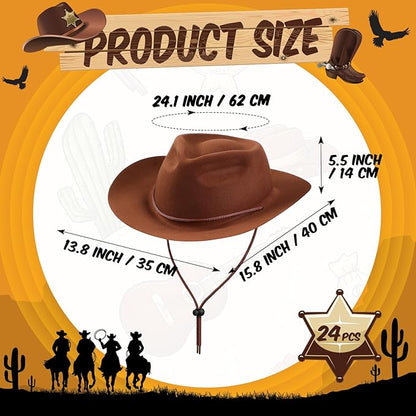Mepase 24 Pieces Disposable Plastic Western Cowboy Hat Set Felt Wide Brimmed Cowgirl Party Hats for Men Women Adult Costume Party(Brown)