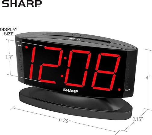 SHARP Home LED Digital Alarm Clock  Swivel Base - Outlet Powered, Simple Operation, Alarm, Snooze, Brightness Dimmer, Big Green Digit Display, (Midnight Black -Red LED)