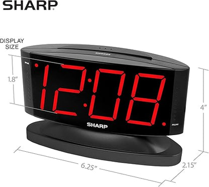 SHARP Home LED Digital Alarm Clock  Swivel Base - Outlet Powered, Simple Operation, Alarm, Snooze, Brightness Dimmer, Big Green Digit Display, (Midnight Black -Red LED)