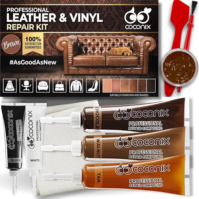 COCONIX Leather  Vinyl Repair Kit - Brown  Shades  Fix Tears, Holes, Scratches, and Peeling on Leather and Vinyl Furniture, Car Seats, and Jackets  Easy Application with Customizable Colors