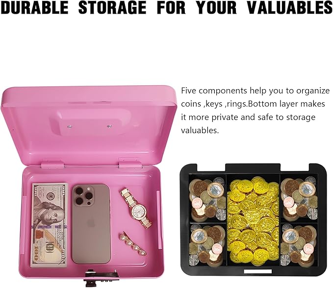 Secure Steel Cash Box with Combination Lock and Removable Tray – Metal Money Organizer for Home and Office Use (Pink - Large)