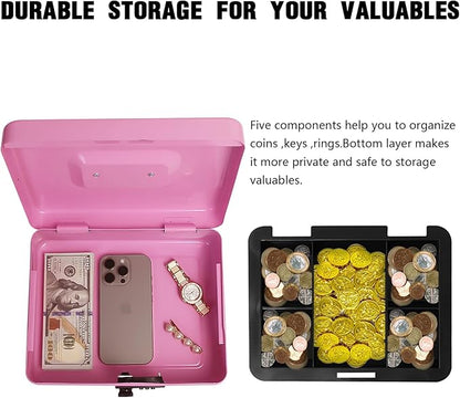 Secure Steel Cash Box with Combination Lock and Removable Tray – Metal Money Organizer for Home and Office Use (Pink - Large)