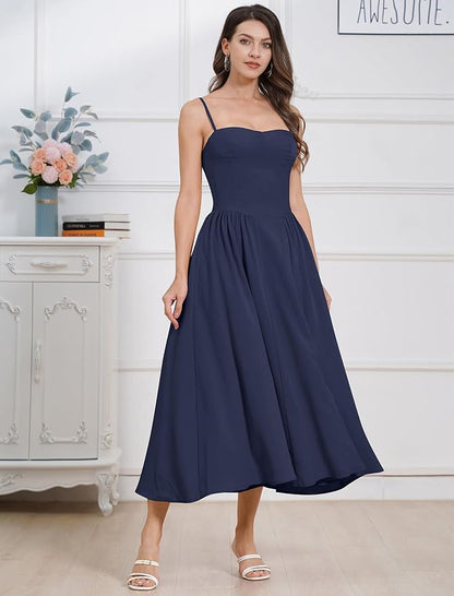 Women Floral Corset Dress Boho Spaghetti Strap Lace Up Casual Midi Dresses with Pockets Low Cut Flowy Bustier Sundress