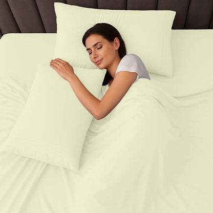 LUX Décor Queen Sheet Set - 4 Piece Ultra-Soft Microfiber Bed Sheets with Flat Sheet, 16 Inches Deep Pocket Fitted Sheet & Pillowcases, Cooling & Breathable, Hotel Luxury, Oeko-TEX - Vanilla